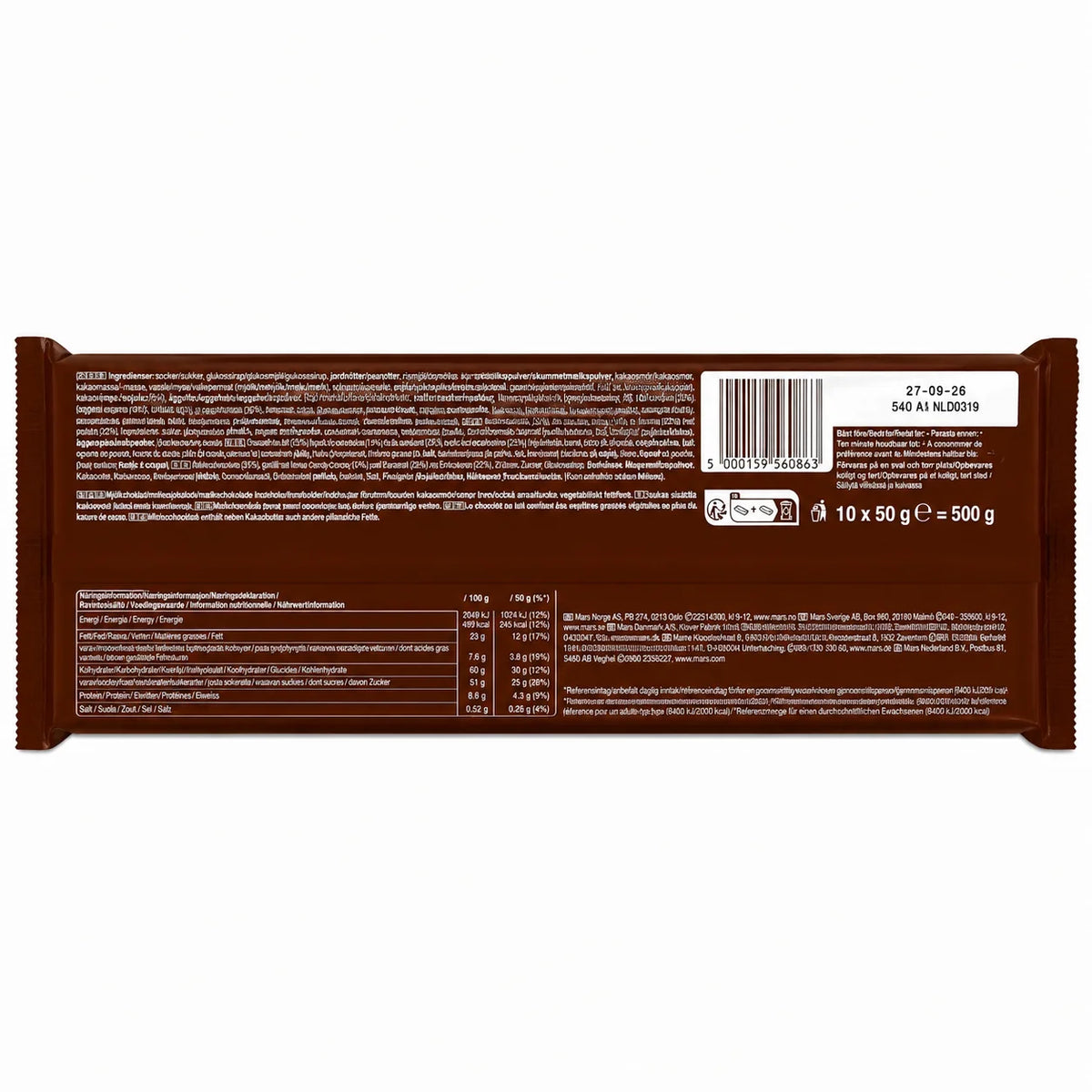 Barres chocolat au lait caramel et cacahuètes Snickers 10 x 50g