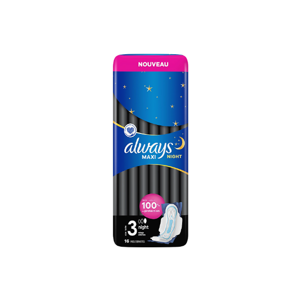 Serviettes hygiéniques Maxi Night Taille 3 avec ailettes Always X16